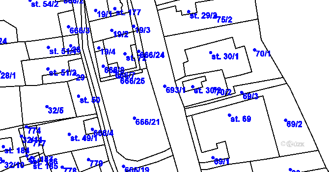 Parcela st. 693/1 v KÚ Obora v Podbezdězí, Katastrální mapa