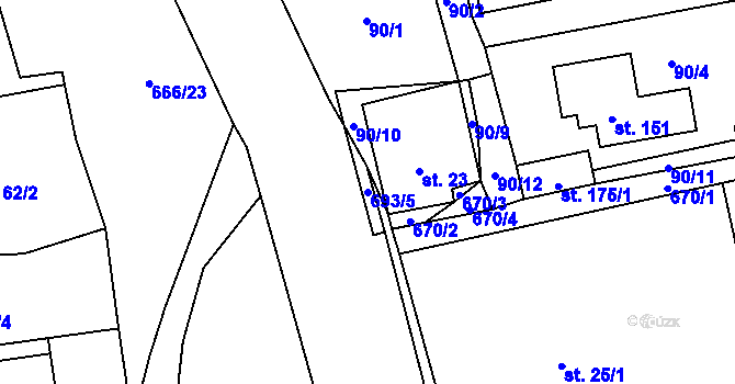 Parcela st. 693/5 v KÚ Obora v Podbezdězí, Katastrální mapa