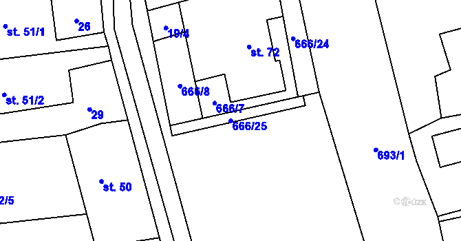 Parcela st. 666/25 v KÚ Obora v Podbezdězí, Katastrální mapa
