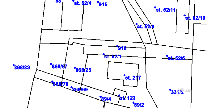 Parcela st. 52/1 v KÚ Okna v Podbezdězí, Katastrální mapa