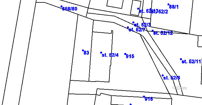 Parcela st. 52/4 v KÚ Okna v Podbezdězí, Katastrální mapa