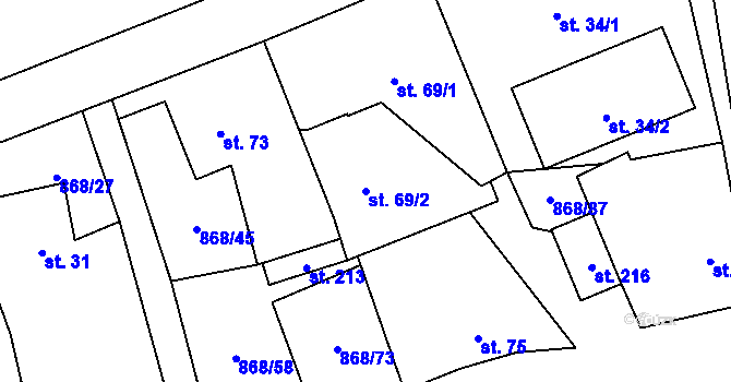 Parcela st. 69/2 v KÚ Okna v Podbezdězí, Katastrální mapa