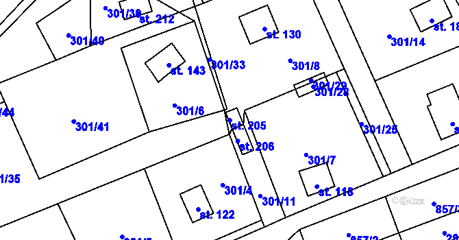 Parcela st. 205 v KÚ Okna v Podbezdězí, Katastrální mapa