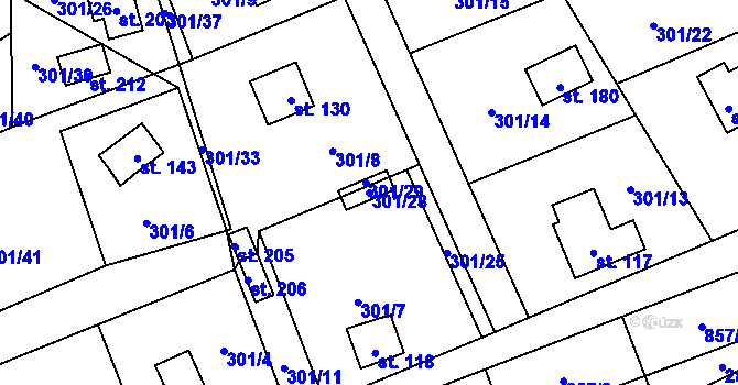 Parcela st. 301/28 v KÚ Okna v Podbezdězí, Katastrální mapa