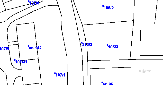 Parcela st. 313/3 v KÚ Okna v Podbezdězí, Katastrální mapa