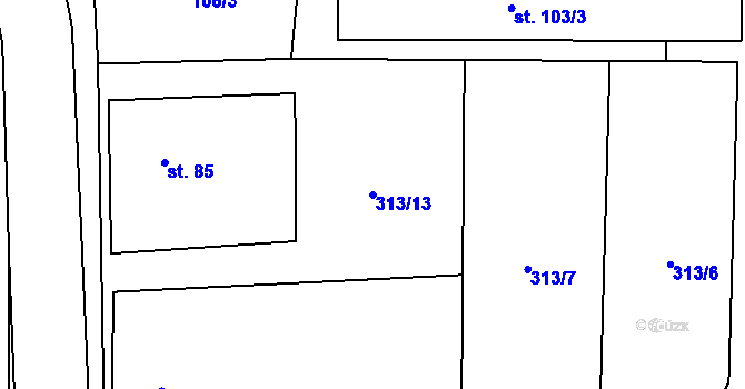 Parcela st. 313/13 v KÚ Okna v Podbezdězí, Katastrální mapa