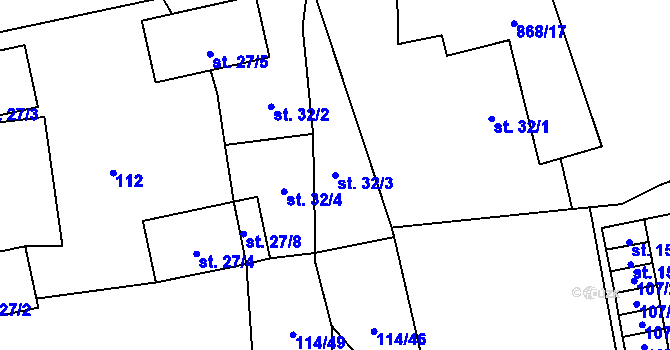 Parcela st. 32/3 v KÚ Okna v Podbezdězí, Katastrální mapa