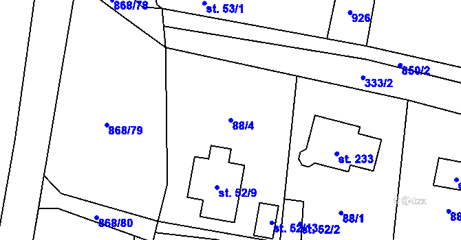 Parcela st. 88/4 v KÚ Okna v Podbezdězí, Katastrální mapa