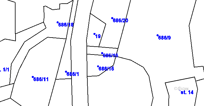 Parcela st. 686/16 v KÚ Krupice, Katastrální mapa