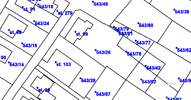 Parcela st. 543/26 v KÚ Okounov, Katastrální mapa