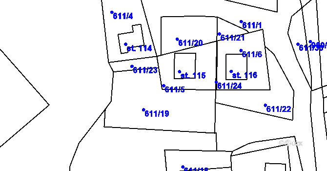 Parcela st. 611/5 v KÚ Okounov, Katastrální mapa