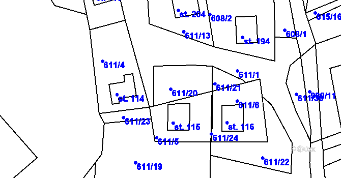 Parcela st. 611/20 v KÚ Okounov, Katastrální mapa