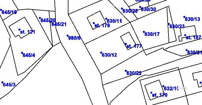 Parcela st. 630/12 v KÚ Okounov, Katastrální mapa