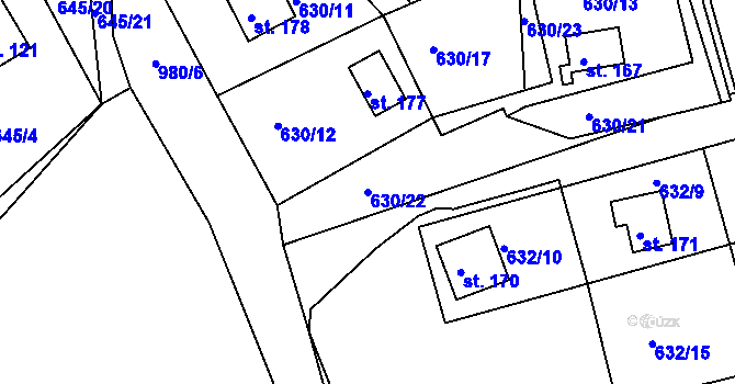 Parcela st. 630/22 v KÚ Okounov, Katastrální mapa