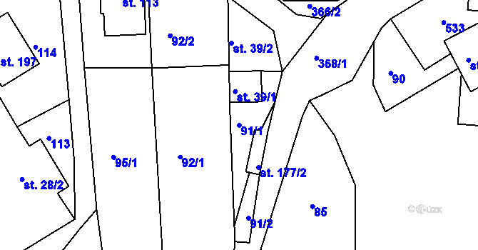 Parcela st. 91/1 v KÚ Okrouhlice, Katastrální mapa