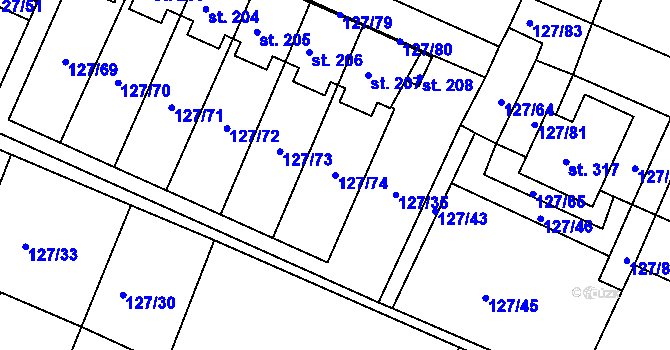Parcela st. 127/74 v KÚ Okrouhlice, Katastrální mapa
