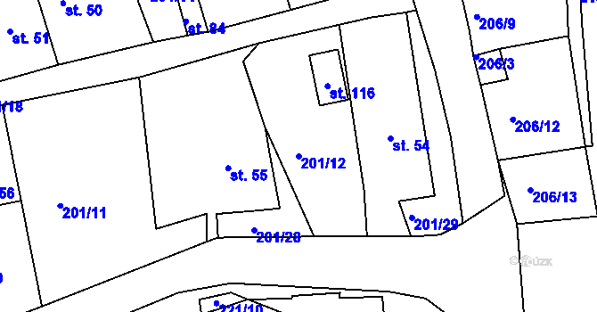 Parcela st. 201/12 v KÚ Olešnice u Okrouhlice, Katastrální mapa