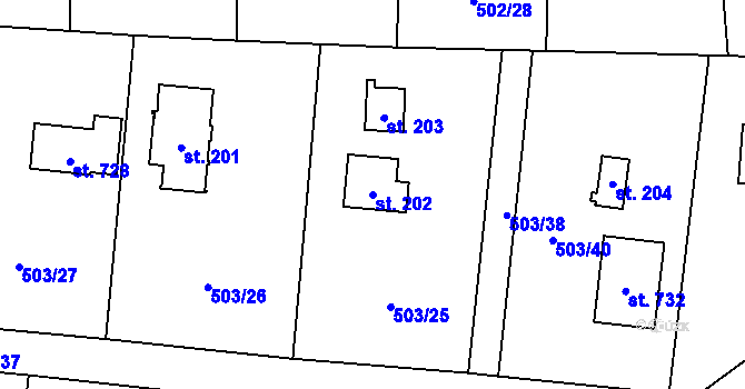 Parcela st. 202 v KÚ Okrouhlo, Katastrální mapa