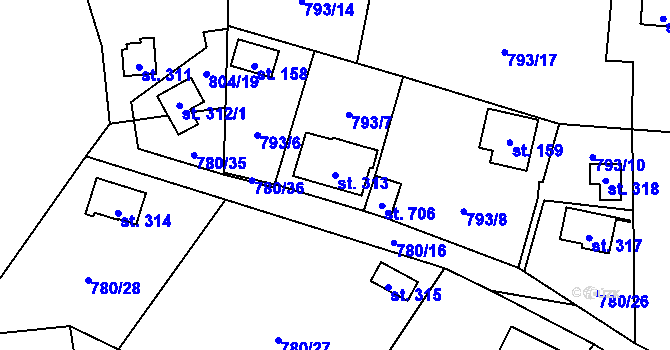 Parcela st. 313 v KÚ Okrouhlo, Katastrální mapa