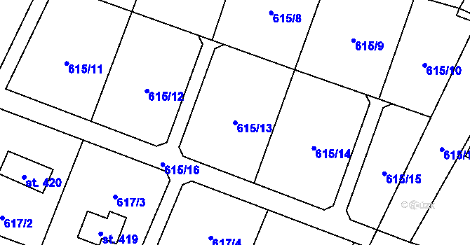 Parcela st. 615/13 v KÚ Okrouhlo, Katastrální mapa