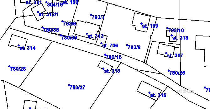 Parcela st. 780/16 v KÚ Okrouhlo, Katastrální mapa