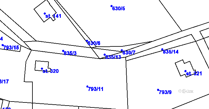 Parcela st. 835/13 v KÚ Okrouhlo, Katastrální mapa