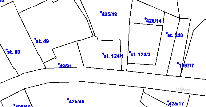 Parcela st. 124/1 v KÚ Okřesaneč, Katastrální mapa