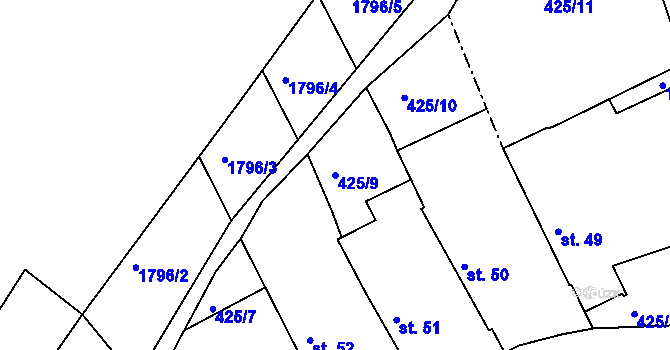 Parcela st. 425/9 v KÚ Okřesaneč, Katastrální mapa