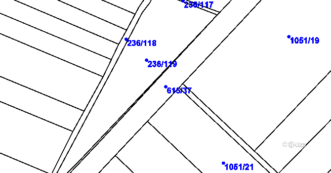 Parcela st. 615/37 v KÚ Okřínek, Katastrální mapa