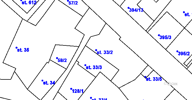 Parcela st. 33/2 v KÚ Okříšky, Katastrální mapa
