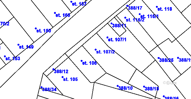 Parcela st. 107/2 v KÚ Okříšky, Katastrální mapa