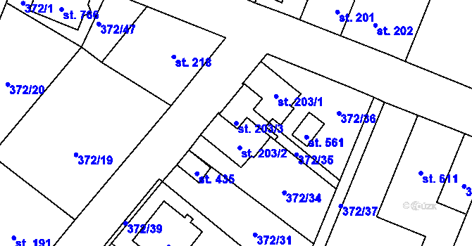 Parcela st. 203/3 v KÚ Okříšky, Katastrální mapa