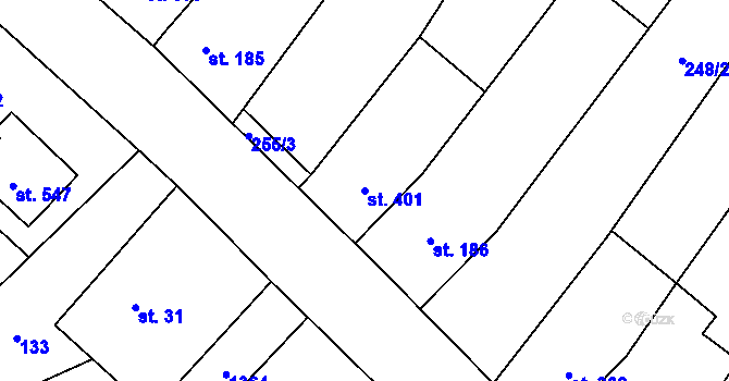 Parcela st. 401 v KÚ Okříšky, Katastrální mapa