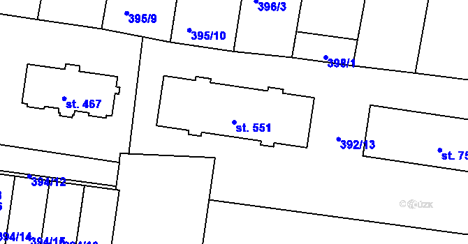Parcela st. 551 v KÚ Okříšky, Katastrální mapa