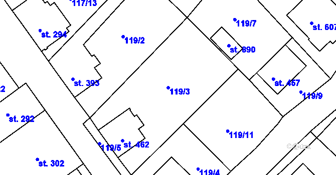 Parcela st. 119/3 v KÚ Okříšky, Katastrální mapa