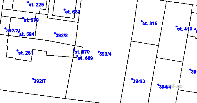 Parcela st. 393/4 v KÚ Okříšky, Katastrální mapa