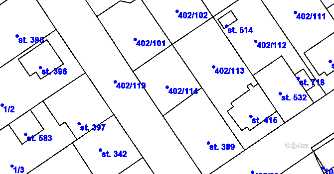 Parcela st. 402/114 v KÚ Okříšky, Katastrální mapa