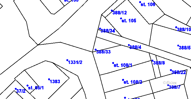 Parcela st. 388/33 v KÚ Okříšky, Katastrální mapa