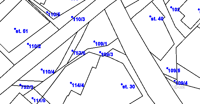 Parcela st. 109/3 v KÚ Oldřetice, Katastrální mapa