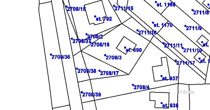 Parcela st. 2708/3 v KÚ Oldřichovice u Třince, Katastrální mapa