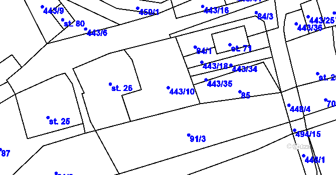 Parcela st. 443/10 v KÚ Oldřiš u Hlinska, Katastrální mapa