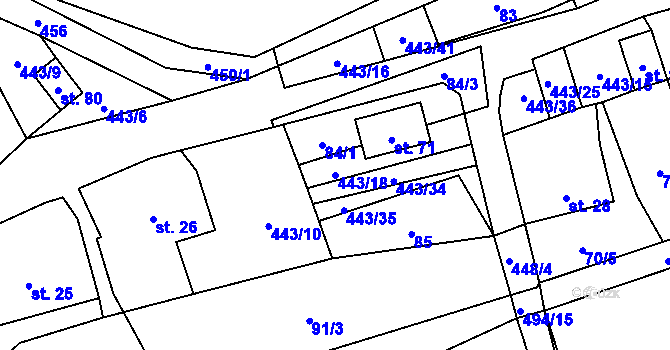Parcela st. 443/18 v KÚ Oldřiš u Hlinska, Katastrální mapa