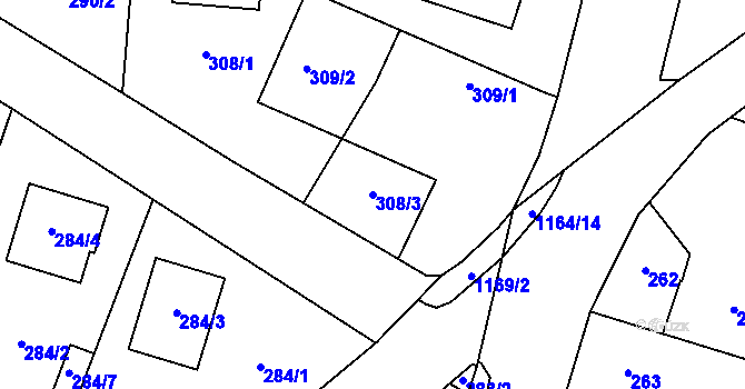 Parcela st. 308/3 v KÚ Oldřišov, Katastrální mapa