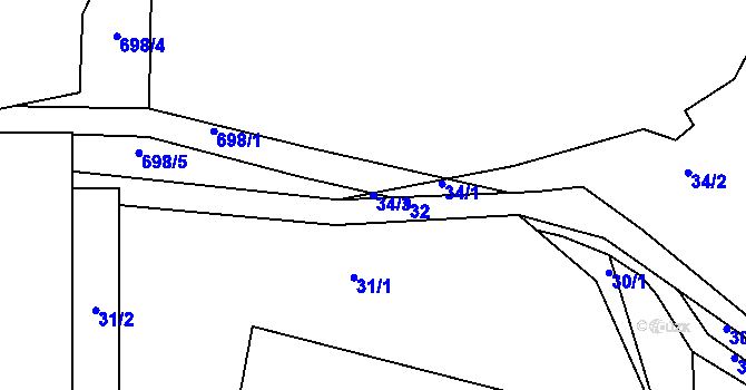 Parcela st. 34/3 v KÚ Oldřišov, Katastrální mapa