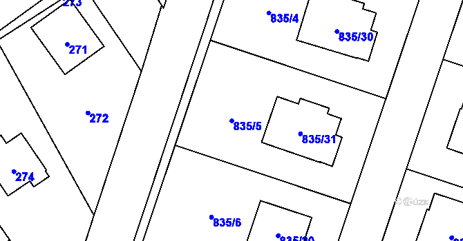 Parcela st. 835/5 v KÚ Olešná u Hořovic, Katastrální mapa