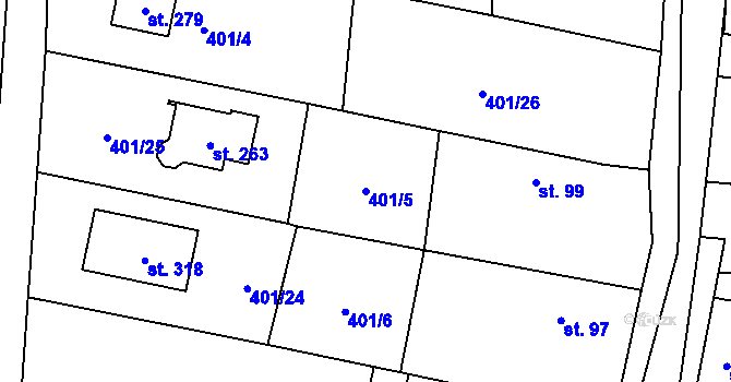 Parcela st. 401/5 v KÚ Olešná u Rakovníka, Katastrální mapa