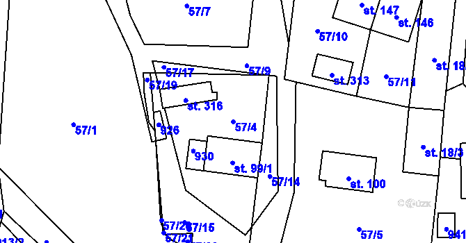 Parcela st. 57/4 v KÚ Olešná u Pelhřimova, Katastrální mapa