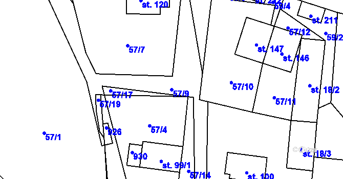 Parcela st. 57/9 v KÚ Olešná u Pelhřimova, Katastrální mapa