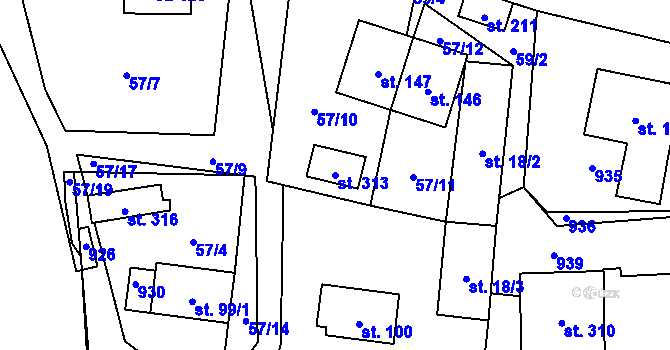Parcela st. 313 v KÚ Olešná u Pelhřimova, Katastrální mapa