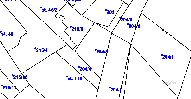 Parcela st. 204/5 v KÚ Olešnice nad Cidlinou, Katastrální mapa